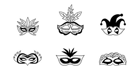 Carnival masks collection in doodle style. Masqeurade mask sketches for decorating festive invitations, banners, greeting cards.