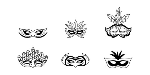 Carnival masks collection in doodle style. Masqeurade mask sketches for decorating festive invitations, banners, greeting cards.