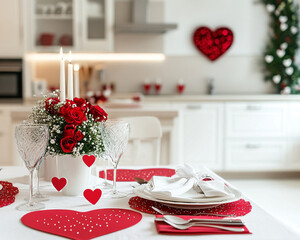 Romantic candlelit dinner setting in a modern white kitchen, decorated with red roses and fine dining tableware, evoking an intimate and festive atmosphere