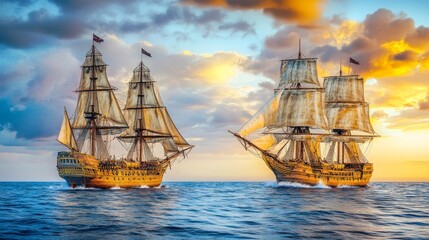 Fototapeta premium Fantasy pirate landscape coming to life as a sea battle takes place at sunset, with broken old ships scattered on the waves. Illustrated in 3D