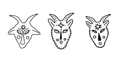 Folklore mask black contour icons set. Tribal oriental armor head helmet vector outline illustration