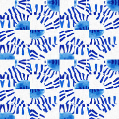 Japanese indigo geometric pattern. Irregular washed batik hand drawn textile for blue white all over print 