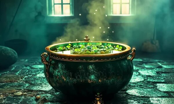 A steaming cauldron filled with green potion in dimly lit room.