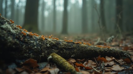 Obraz premium A Group of Small Orange Bugs on a Tree Trunk in a Forest - Generative AI