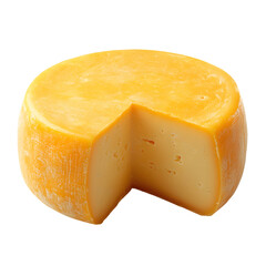 A high-resolution image of a round, golden-hued cheese showcasing a smooth interior where a wedge has been cut out