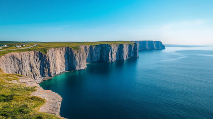 A breathtaking view of dramatic coastal cliffs towering over the ocean with vibrant blue waters below and a road leading to a peaceful village, symbolizing nature, travel, and adventure.