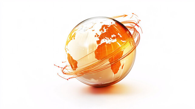 A futuristic 3D-rendered globe with glowing orange digital rings circling around it representing global communication and technology

