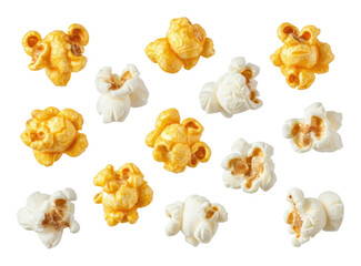 Close-up of yellow and white popcorn scattered on transparent background