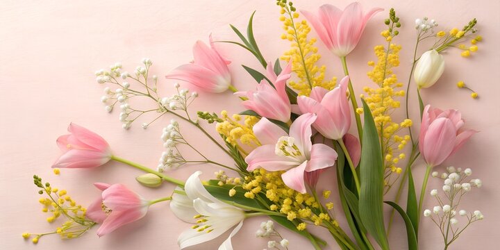 A delicate floral arrangement featuring pink tulips, white lilies, and yellow mimosa flowers on a pastel pink background. A soft and romantic spring composition.