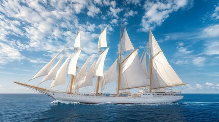 A pirate ship traverses the ocean amidst a storm, its sail being caught in wind, while a mesmerizing fantasy sky unfolds behind