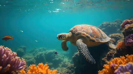 A Turtle Swimming Over a Coral Reef With Fish in the Background - Generative AI