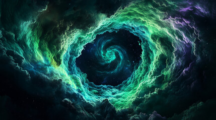 Northern lights spectacle with vibrant green and purple aurora borealis swirling in the dark sky
