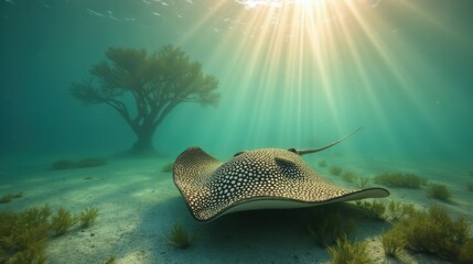 Fototapeta premium A Stingray Is Laying on the Ocean Floor Near a Tree - Generative AI