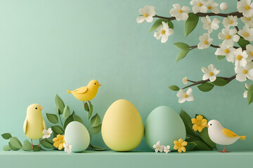 pastel easter eggs with yellow birds and spring flowers on green background