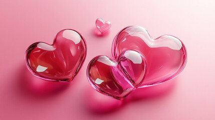 Obraz premium Elegant glass heart ornaments with a glossy finish, placed against a softly blurred pastel pink background, creating a romantic and delicate composition