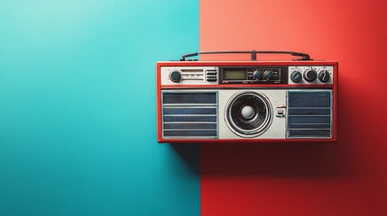 Retro boombox is placed against a backdrop of red and blue