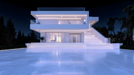 Modern villa, night view, pool, palm trees, luxury real estate