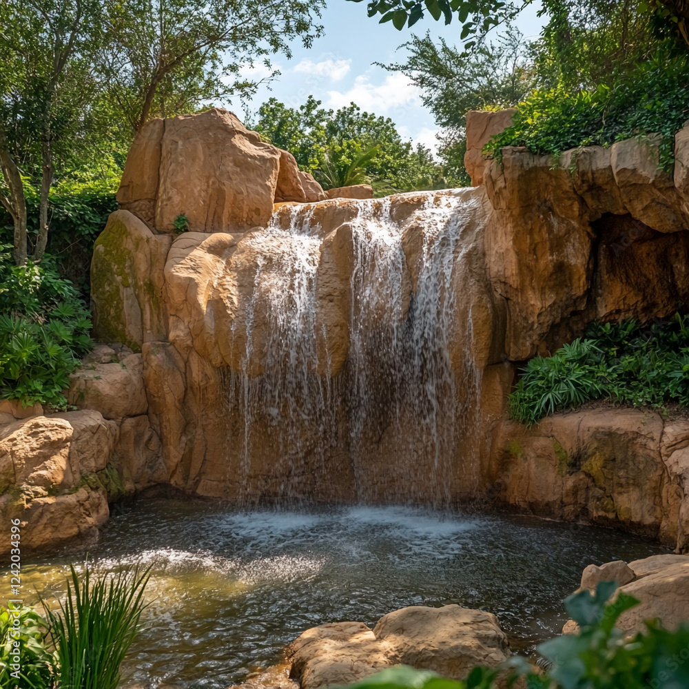 Aufkleber a serene waterfall cascading over rocks surrounded by lush greenery, creating a peaceful natural sce