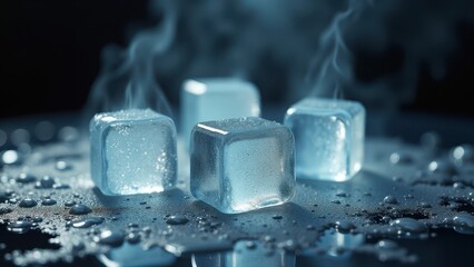 Melting ice cubes releasing steam on a wet reflective surface with condensation	