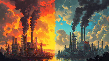 Obraz premium Global warming, a boiling world and hotter climate change. industrial factories are the cause of global warming by releasing greenhouse gases. Steam & Diesel Punk. Illustration