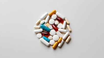 Medication Pills Scattered on White Background