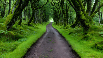 Fototapeta premium Mossy path through arching trees in Scotland; peaceful nature scene for travel brochures