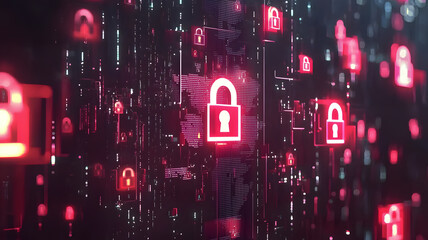 Digital cybersecurity concept with padlocks and glowing data network