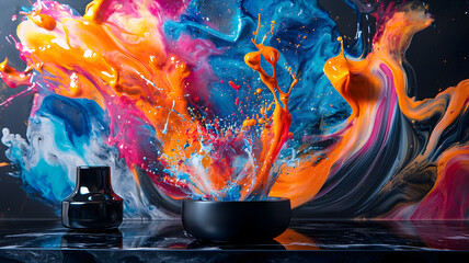 Explosive splash of vibrant paint bursting from a black bowl in an abstract composition