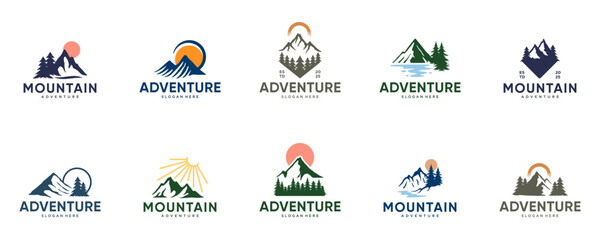 Fototapeta premium collection of logos of mountain explorers, backpackers, nature adventurers, graphic design templates.