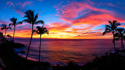 Obraz premium Panoramic tropical sunset with palm silhouettes
