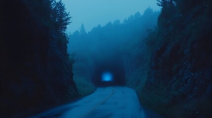 Misty mountain road tunnel entrance, night drive