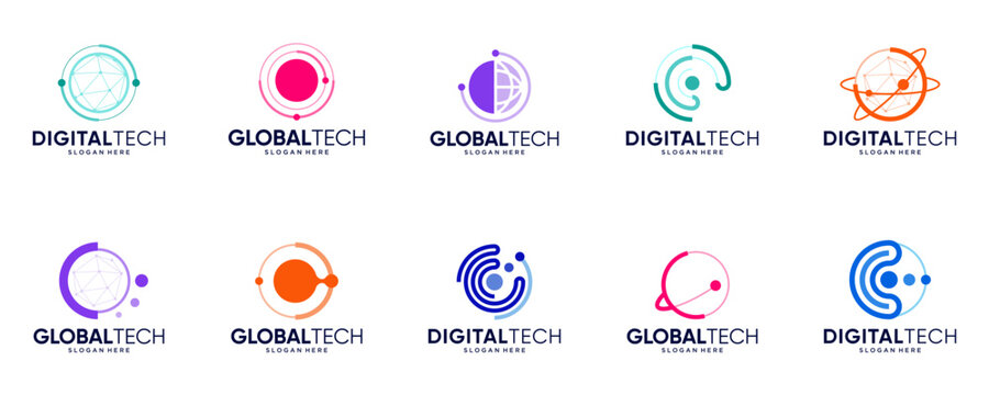 collection of global logos of technology, digital connection services, databases, science, design vector illustration.