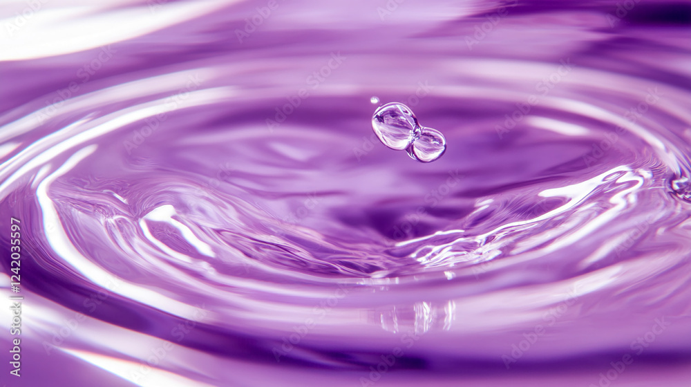 Aufkleber Close-up of purple water droplets forming ripples on the surface of the liquid, creating a beautiful and artistic abstract image, symbolizing fluid dynamics and color in motion.