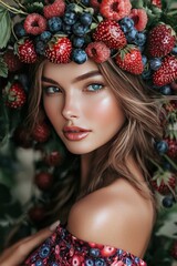 Portrait of a beautiful woman wearing a crown of fresh berries and leaves, blending nature and elegance in soft lighting