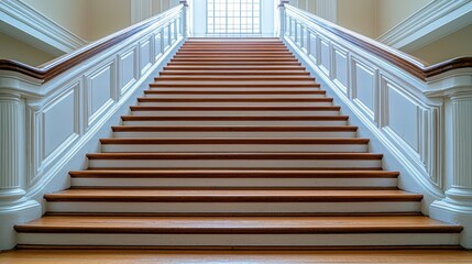 Grand wooden staircase, interior, upward view, sunlight, building
