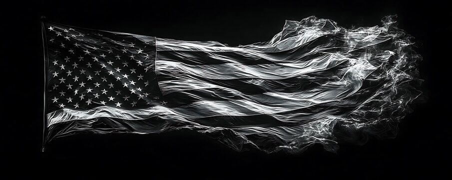A black-and-white American flag, waving in the wind, captured against a dark background to create a strong and bold visual statement.