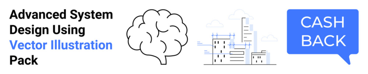 Brain representing creativity, cityscape denoting modern systems, cashback dialogue box in vibrant blue. Ideal for tech ideas, urban solutions, digital finance, rewards, brainstorming, education