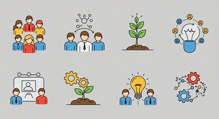 Icon sets for business themes like teamwork, growth, and innovation