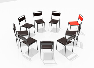 Obraz premium Highly Detailed 3D Render of a Support Group Meeting Setting, Featuring an Intimate Circle of Chairs in a Calm, Minimalistic Environment, Perfect for Concepts of Mental Health and Emotional Support
