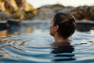 Fototapeta premium A woman peacefully enjoying the warm waters of a hot springs, embodying relaxation and contemplation within a stunning natural landscape full of adventure.