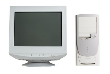 Old retro CRT monitor display with a PC isolated on white background
