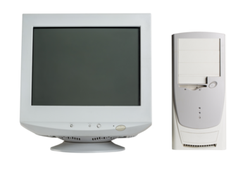 Old retro CRT monitor display with a PC isolated on white background