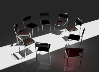 Highly Detailed 3D Render of a Support Group Meeting Setting, Featuring an Intimate Circle of Chairs in a Calm, Minimalistic Environment, Perfect for Concepts of Mental Health and Emotional Support