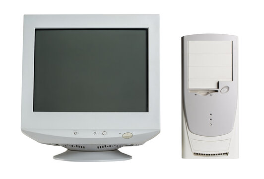Old retro CRT monitor display with a PC isolated on white background