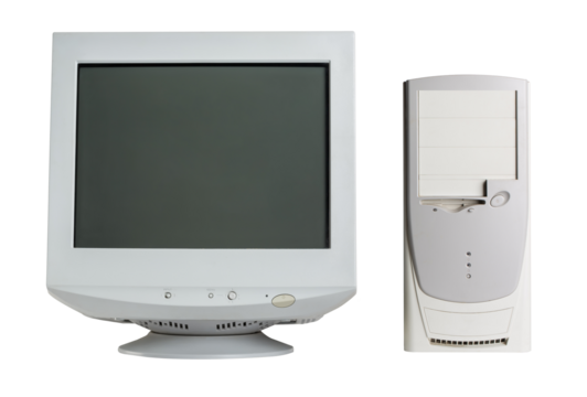 Old retro CRT monitor display with a PC isolated on white background