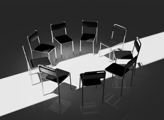 Highly Detailed 3D Render of a Support Group Meeting Setting, Featuring an Intimate Circle of Chairs in a Calm, Minimalistic Environment, Perfect for Concepts of Mental Health and Emotional Support