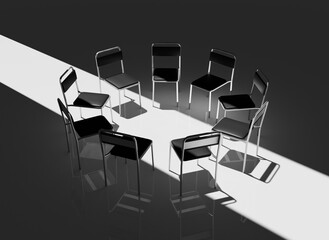 Highly Detailed 3D Render of a Support Group Meeting Setting, Featuring an Intimate Circle of Chairs in a Calm, Minimalistic Environment, Perfect for Concepts of Mental Health and Emotional Support
