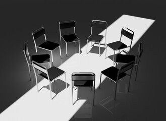 Highly Detailed 3D Render of a Support Group Meeting Setting, Featuring an Intimate Circle of Chairs in a Calm, Minimalistic Environment, Perfect for Concepts of Mental Health and Emotional Support