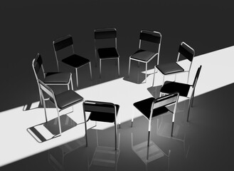 Highly Detailed 3D Render of a Support Group Meeting Setting, Featuring an Intimate Circle of Chairs in a Calm, Minimalistic Environment, Perfect for Concepts of Mental Health and Emotional Support
