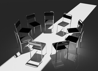 Highly Detailed 3D Render of a Support Group Meeting Setting, Featuring an Intimate Circle of Chairs in a Calm, Minimalistic Environment, Perfect for Concepts of Mental Health and Emotional Support